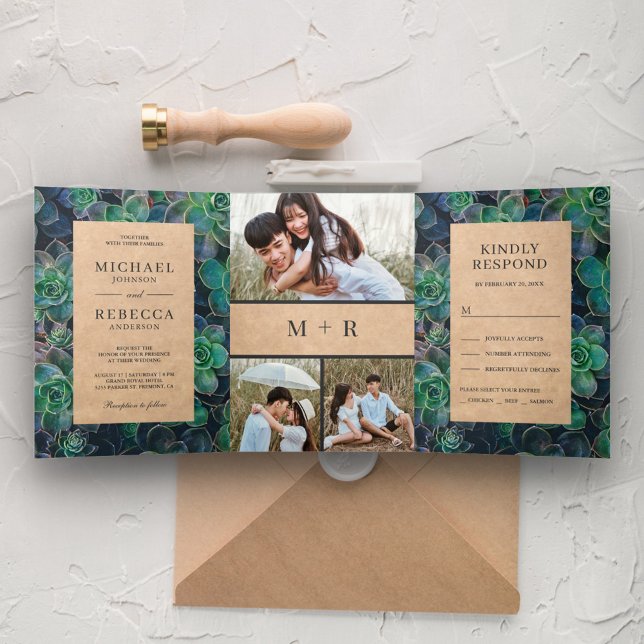 Rustikale Kraft Succulents Fotokollage Hochzeit Dreifach Gefaltete Einladung (Von Creator hochgeladen)