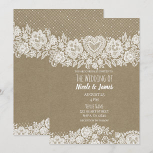 Rustikale Kraft- und Spitzen-Bauernhochzeitsscheun Einladung