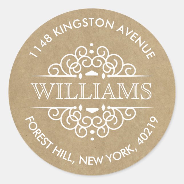 Rustikale Kraft-Verzierte Wirbel Benutzerdefiniert Runder Aufkleber (Vorderseite)