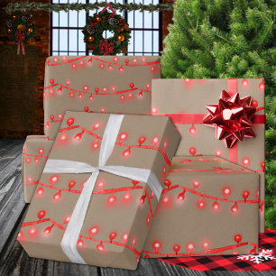 Rustikale Kraft Vintag-Bright-Red-String-Lights Geschenkpapier