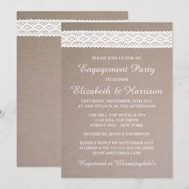 Rustikale Kraft, Vintage "White Lace Engagement Pa Einladung (Vorne/Hinten)