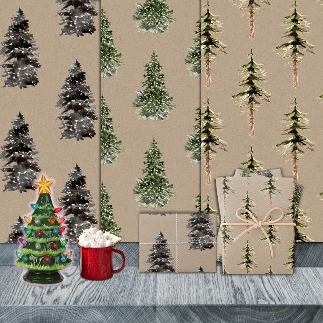 Rustikale Kraft-Wald Pine Spruce Trees Geschenkpapier Set (Rustic Kraft Woodland Forest Spruce Pine Trees Christmas Winter Holiday Wrapping Paper Sheets)