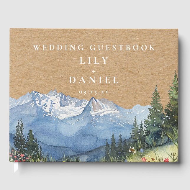 Rustikale Kraft Wasserfarben Berg Floral Hochzeit Gästebuch (Vorderseite)