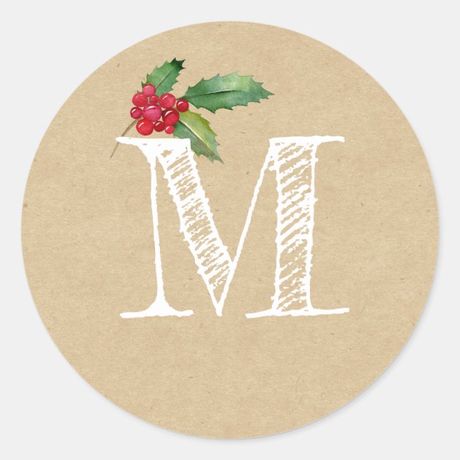 Rustikale Kraft-Weihnachts-Stechpalme-Monogramm-In Runder Aufkleber (Vorderseite)