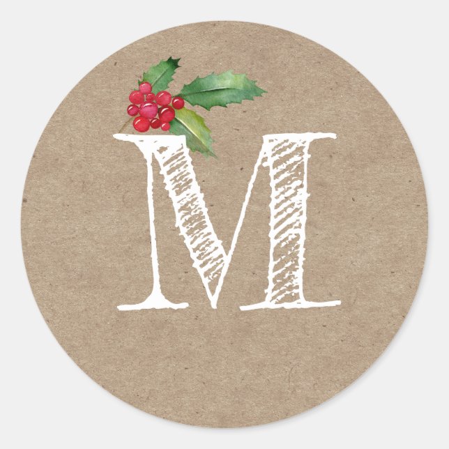 Rustikale Kraft-Weihnachts-Stechpalme-Monogramm-In Runder Aufkleber (Vorderseite)
