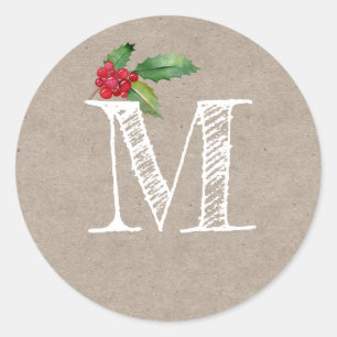 Rustikale Kraft-Weihnachts-Stechpalme-Monogramm-In Runder Aufkleber