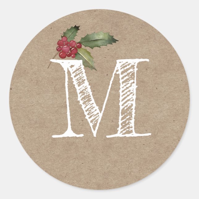 Rustikale Kraft-Weihnachts-Stechpalme-Monogramm-In Runder Aufkleber (Vorderseite)