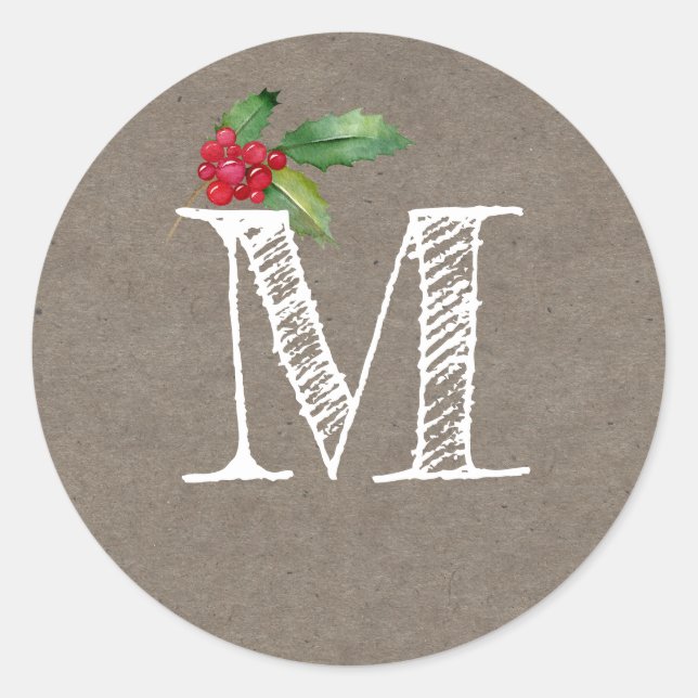 Rustikale Kraft-Weihnachts-Stechpalme-Monogramm-In Runder Aufkleber (Vorderseite)