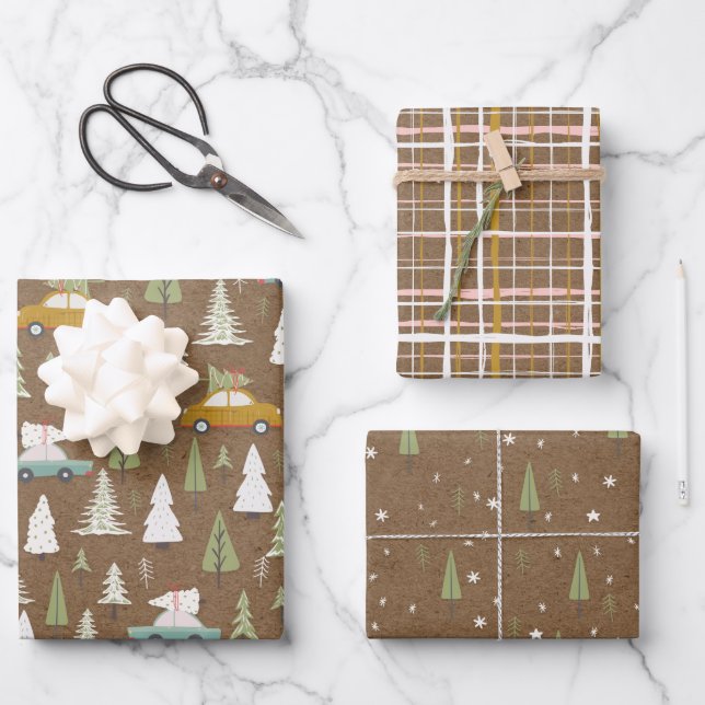 Rustikale Kraft Weihnachtswald Autos Szene Geschenkpapier Set (Vorderseite)