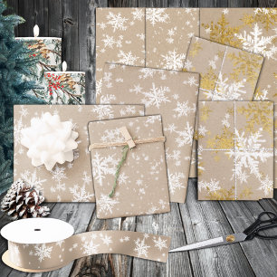 Rustikale Kraft White & Gold Schneeflocken Geschenkpapier Set