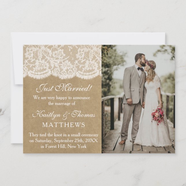 Rustikale Kraft & White Lace Hochzeit Foto Ehe Ankündigung (Vorderseite)