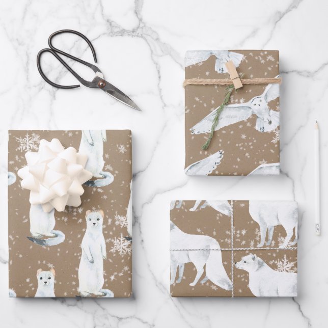 Rustikale Kraft Winter Arktische Tiere Ermine Owl  Geschenkpapier Set (Vorderseite)