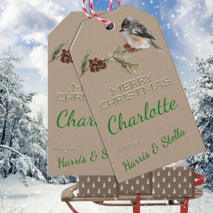 Rustikale Kraft Winter Sparrow Bird & Pine Branche Geschenkanhänger