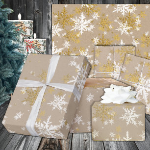 Rustikale Kraft Winter White & Gold Schneeflocken Geschenkpapier