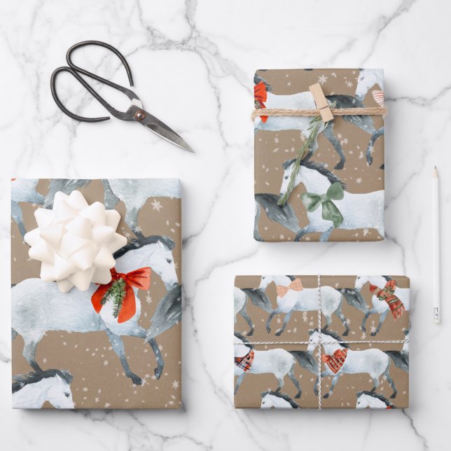 Rustikale Kraft Winter White Holiday Pferde Geschenkpapier Set (Vorderseite)