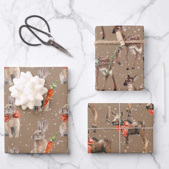 Rustikale Kraft Winter Woodland Baby Hare Deer Moo Geschenkpapier Set (Vorderseite)
