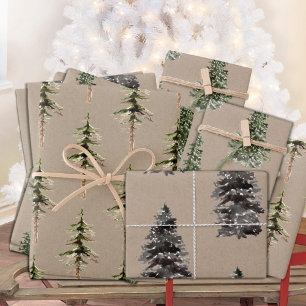 Rustikale Kraft Winter Woodland Spruce Trees Matte Geschenkpapier Set