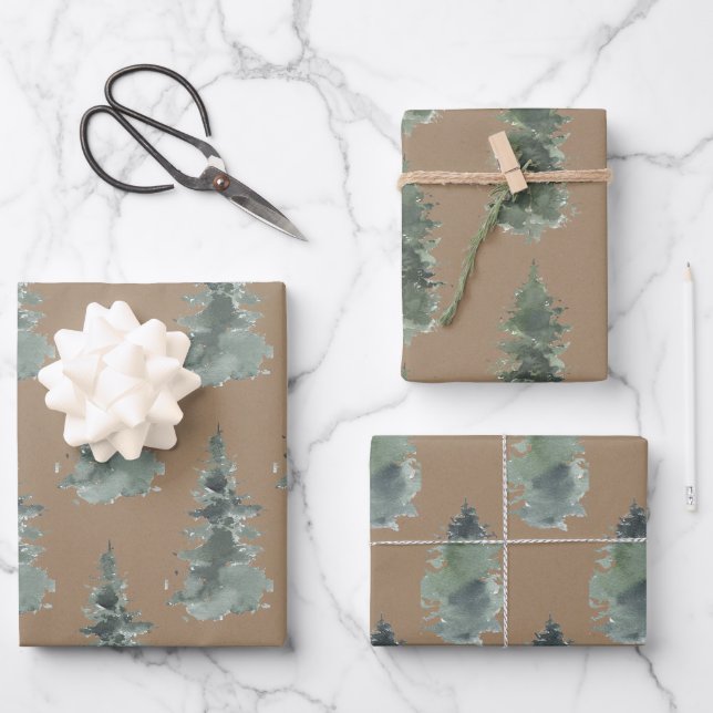 Rustikale Kraft Winterwald Blaue Spruce Bäume Geschenkpapier Set (Vorderseite)