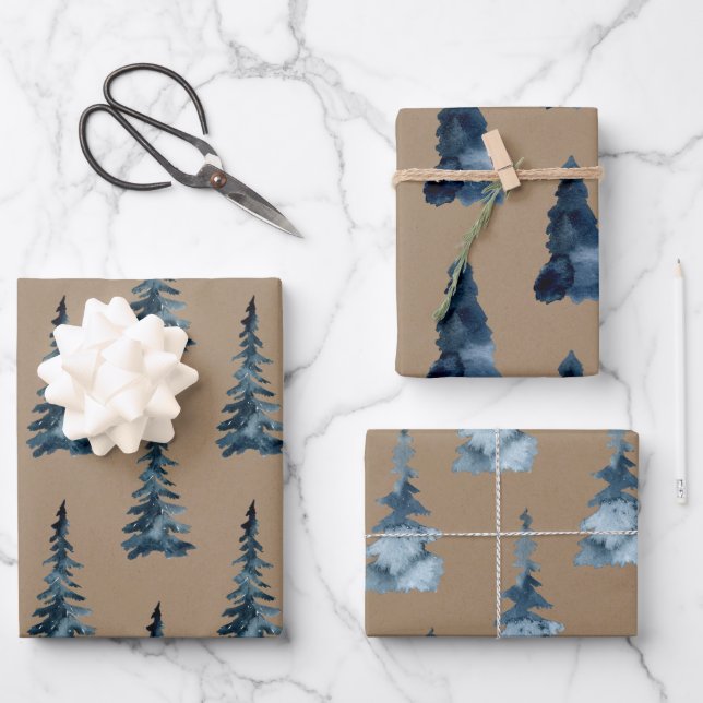 Rustikale Kraft Winterwald Blaue Spruce Bäume Geschenkpapier Set (Vorderseite)