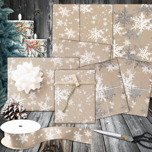 Rustikale Kraft Winterweiß und Silberschneeflocken Geschenkpapier Set
