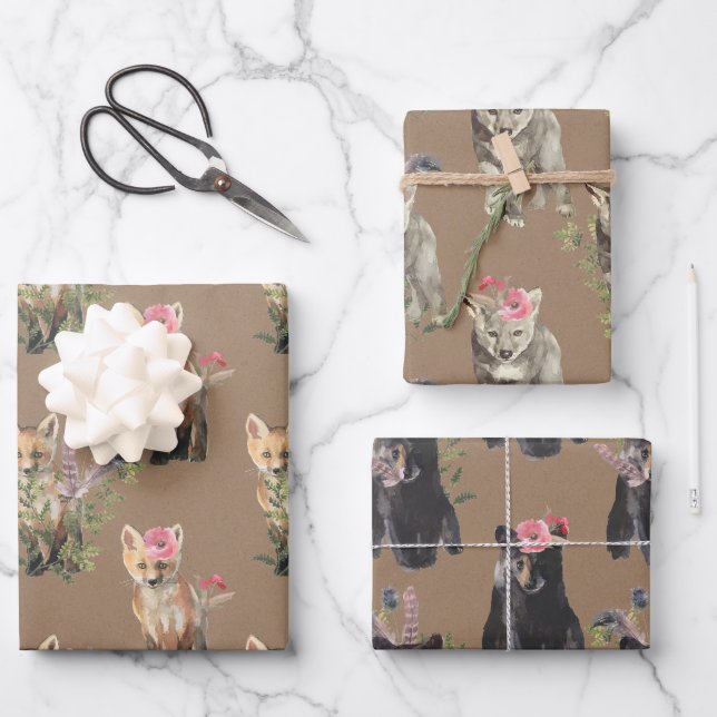Rustikale Kraft Woodland Baby Animes Fox Bear Wolf Geschenkpapier Set (Vorderseite)