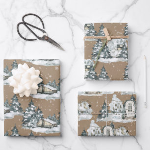 Rustikale Kraft Woodland Winter Chalet House Szene Geschenkpapier Set