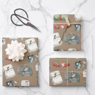 Rustikale Kraft Wrapped Christmas Gifts & Ornament Geschenkpapier Set