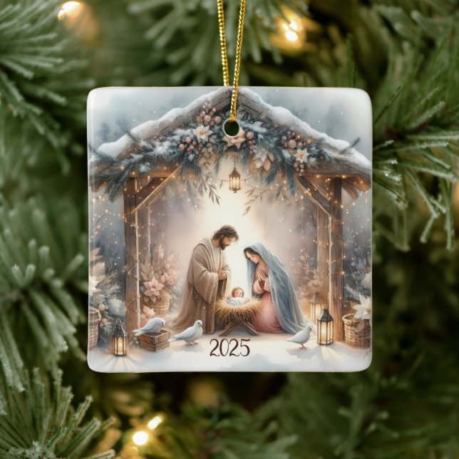 Rustikale Krippe mit Winter Florals Card Keramikornament (Baum)