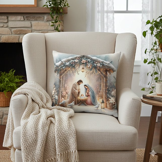 Rustikale Krippe mit Winter Florals Kissen (Rustic Nativity Scene with Winter Florals )