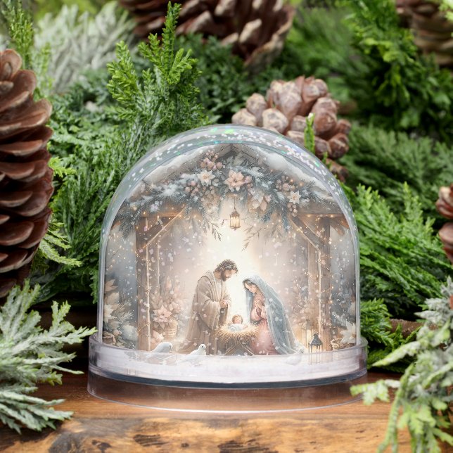 Rustikale Krippe mit Winter Florals Schneekugeln (Winter)
