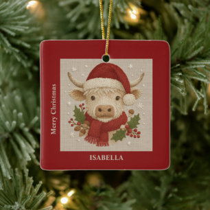Rustikale Kuh mit Weihnachtsmannmütze Keramikornament