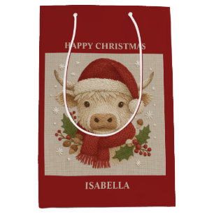 Rustikale Kuh mit Weihnachtsmannmütze Mittlere Geschenktüte