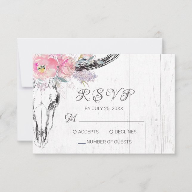Rustikale Kuh Skull Boho Bloral Rosa Aquarell RSVP Karte (Vorderseite)