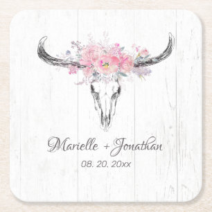 Rustikale Kuh Skull Boho Blush Pink Aquarell Blüte Rechteckiger Pappuntersetzer