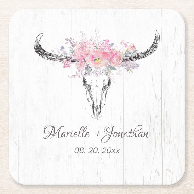 Rustikale Kuh Skull Boho Blush Pink Aquarell Blüte Rechteckiger Pappuntersetzer (Vorderseite)