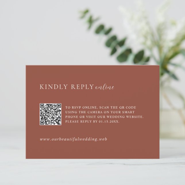 Rustikale Kupfer-QR-Code-Editorial-Hochzeit RSVP Karte (Stehend Vorderseite)