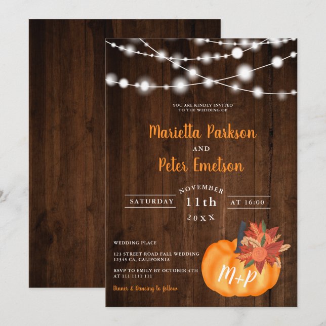 Rustikale Kürbis-Blumenholzlampen Hochzeit im Herb Einladung (Vorne/Hinten)
