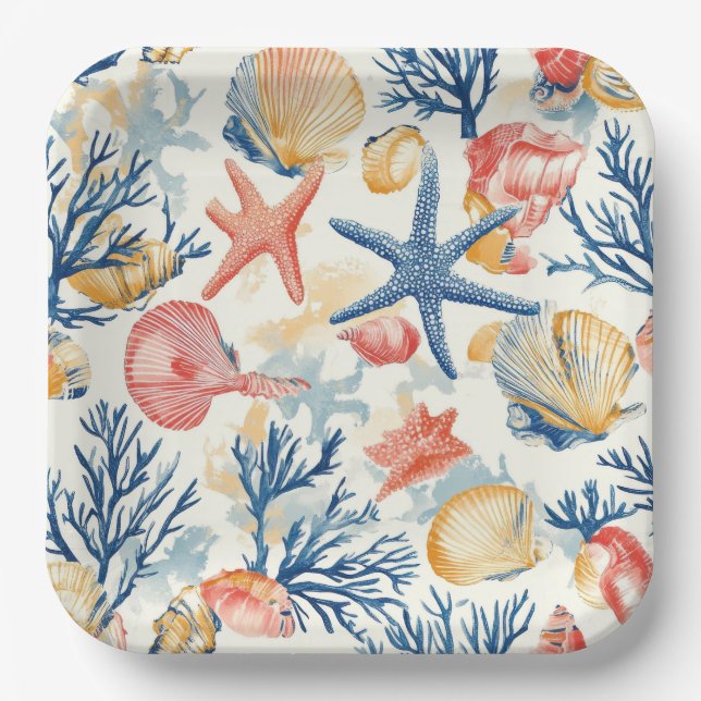 Rustikale Küste - Muscheln, Starfish, Riff (10) Pappteller (Vorderseite)