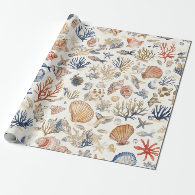Rustikale Küste - Muscheln, Starfish, Riff (12) Geschenkpapier (Ungerollt)