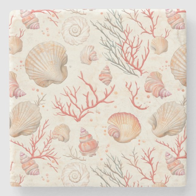 Rustikale Küste - Muscheln, Starfish, Riff (16) Steinuntersetzer (Vorderseite)