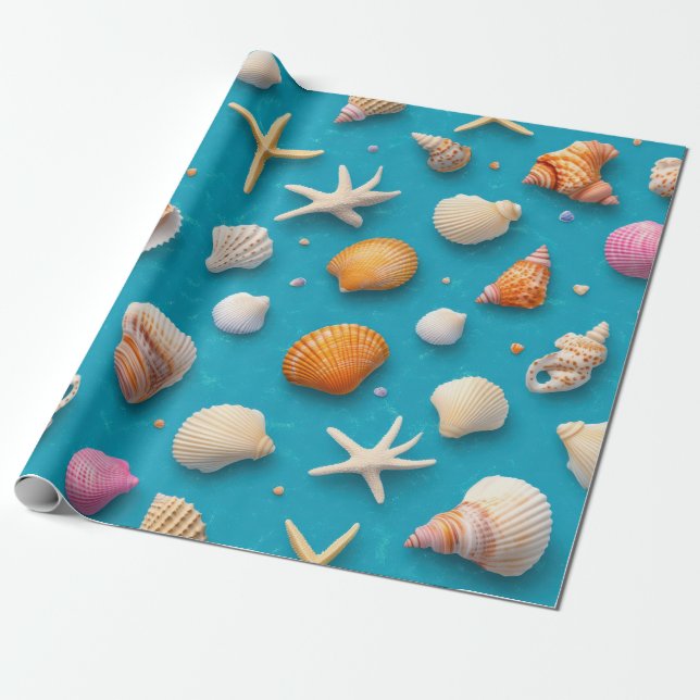 Rustikale Küste - Muscheln, Starfish, Riff (3) Geschenkpapier (Ungerollt)
