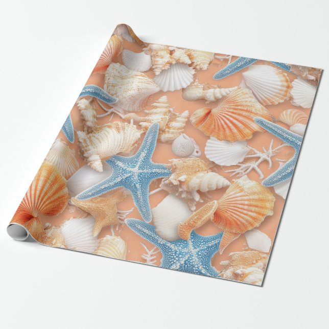 Rustikale Küste - Muscheln, Starfish, Riff (4) Geschenkpapier (Ungerollt)