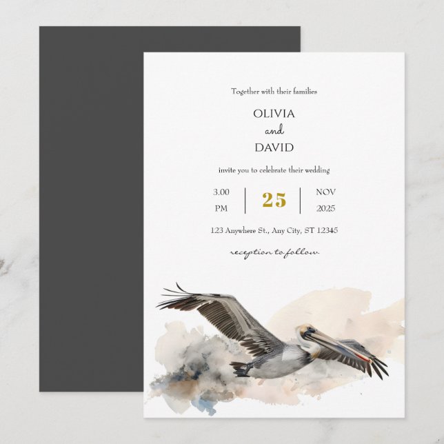 Rustikale Küste Pelican Watercolor Beach Hochzeit Einladung (Vorne/Hinten)