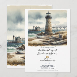 Rustikale Küstenleuchtturm-Strand-Hochzeit Einladung