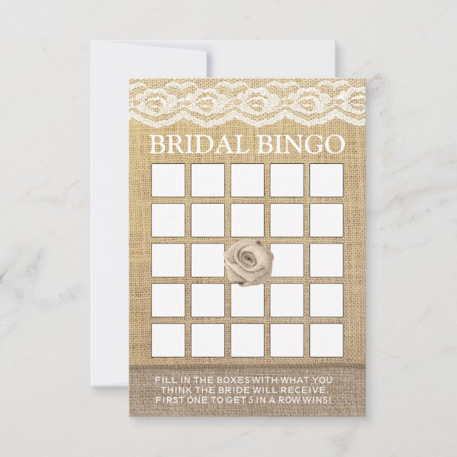 Rustikale Lace Burlap Rose Brautparty Bingo Cards (Vorderseite)
