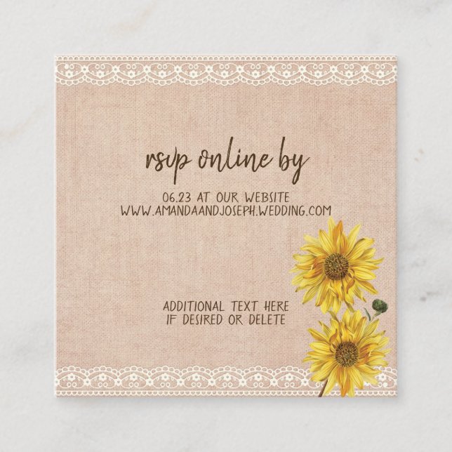 Rustikale Lace & Burlap Sonnenblumen Hochzeitkarte Begleitkarte (Vorderseite)
