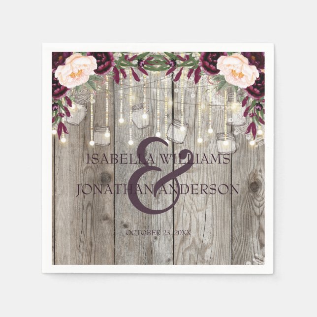 Rustikale Lace Jar Wood & String Lights Hochzeit Serviette (Vorderseite)