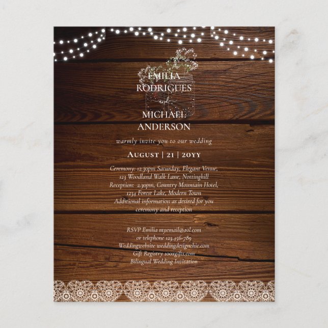 Rustikale Lace Mason Jar Lights Gypsophila Wedding Flyer (Vorne)