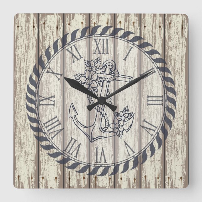 Rustikale, lackierte Holzplanks, blutleere Ankervo Quadratische Wanduhr (Vorderseite)