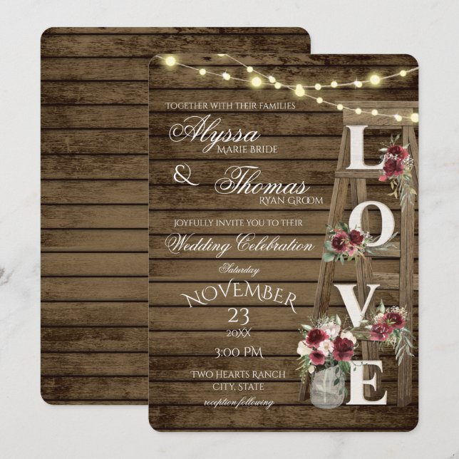 Rustikale Ladder und Lights Liebe Burgundy Wedding Einladung (Vorne/Hinten)